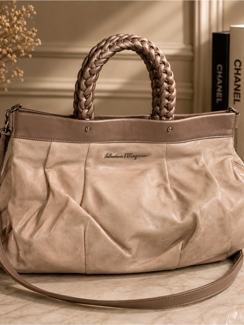 Salvatore Ferragamo Blush Beige Leather Tote with Braided Handles